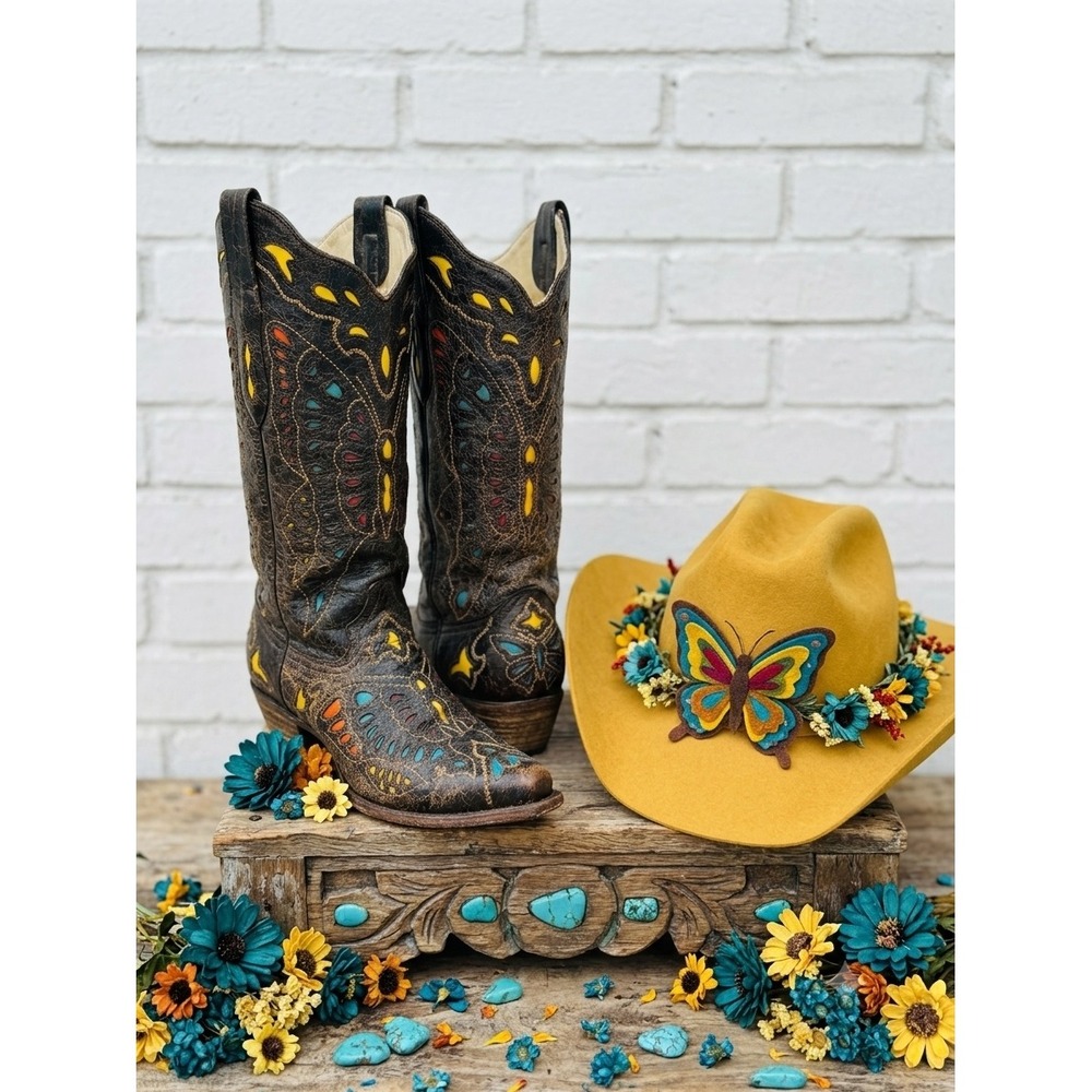 Corral Butterfly‎ Cutout💛Distressed boho Leather Western Cowboy Boots  festival